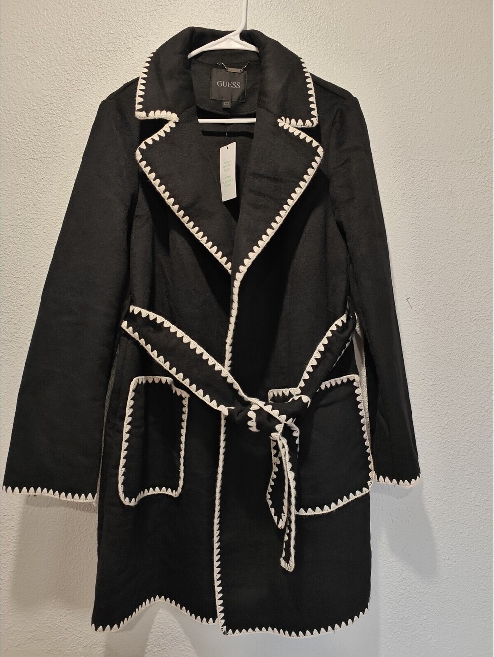 Guess Women's Black Coat with White Trim and Belt, Size L